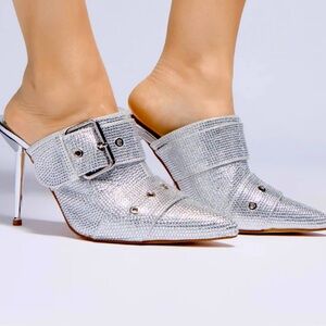 AZALEA WANG SAYGE SILVER RHINESTONE Mules- 7.5